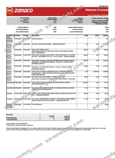 Zambia Zanaco Bank statement of account Word and PDF template
